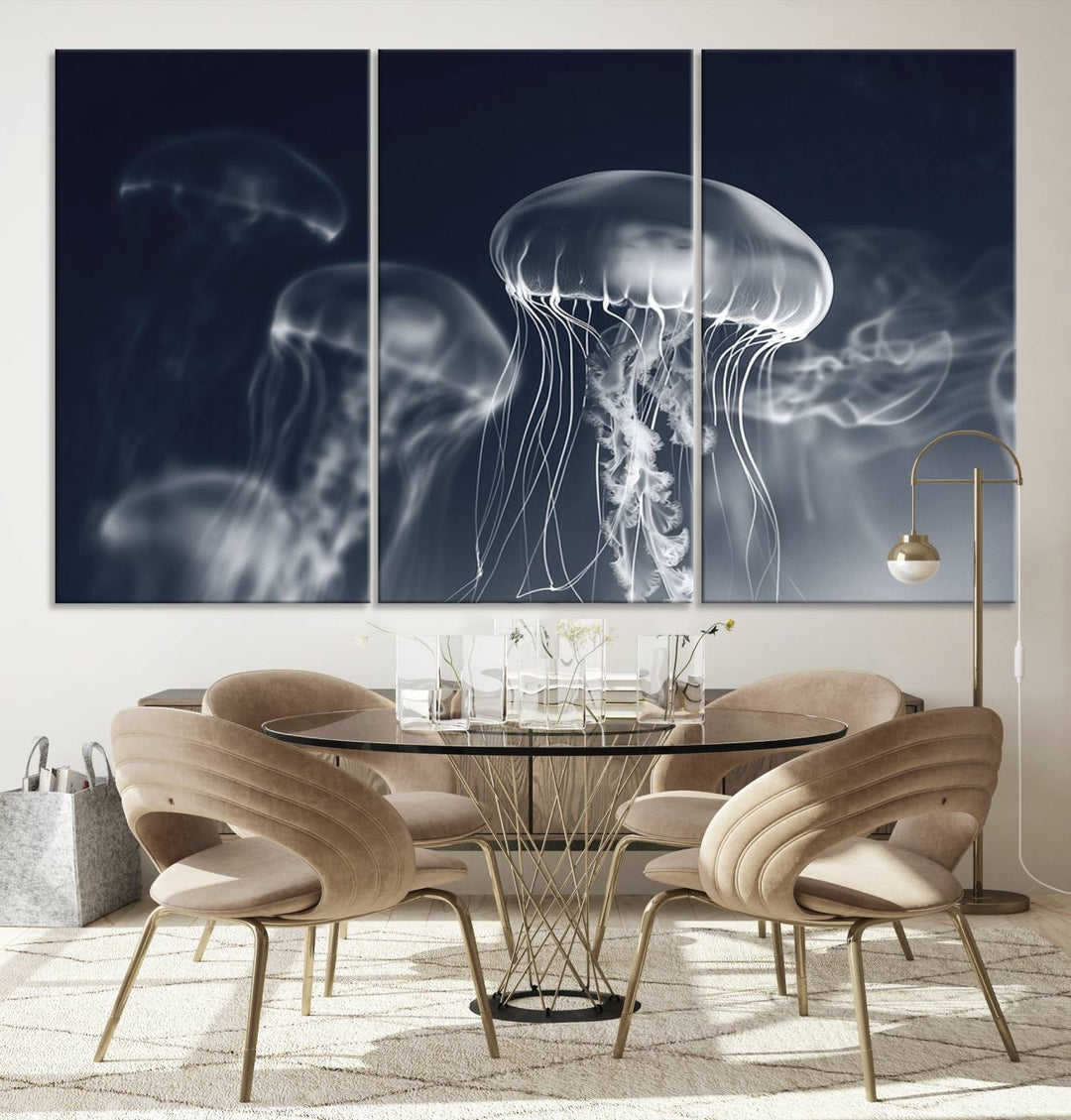 A stunning Jellyfish Wall Art Canvas Print showcases museum-quality canvas through high-resolution printing.