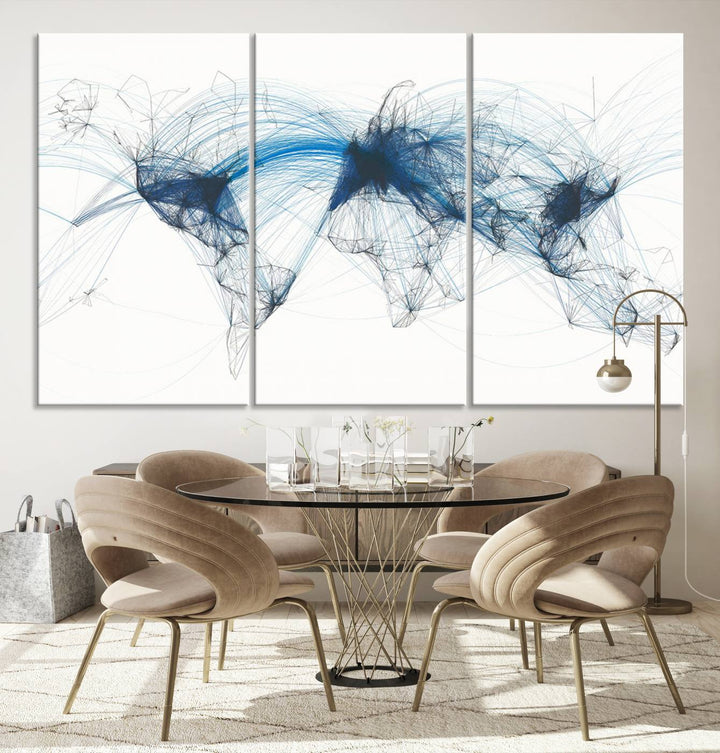 The Aviation Flight Map Wall Art is a set of three abstract panels featuring a world map with blue lines, resembling a flight map. Ideal for aviation enthusiasts, this ready-to-hang framed air traffic art print enhances the appeal of modern decor.