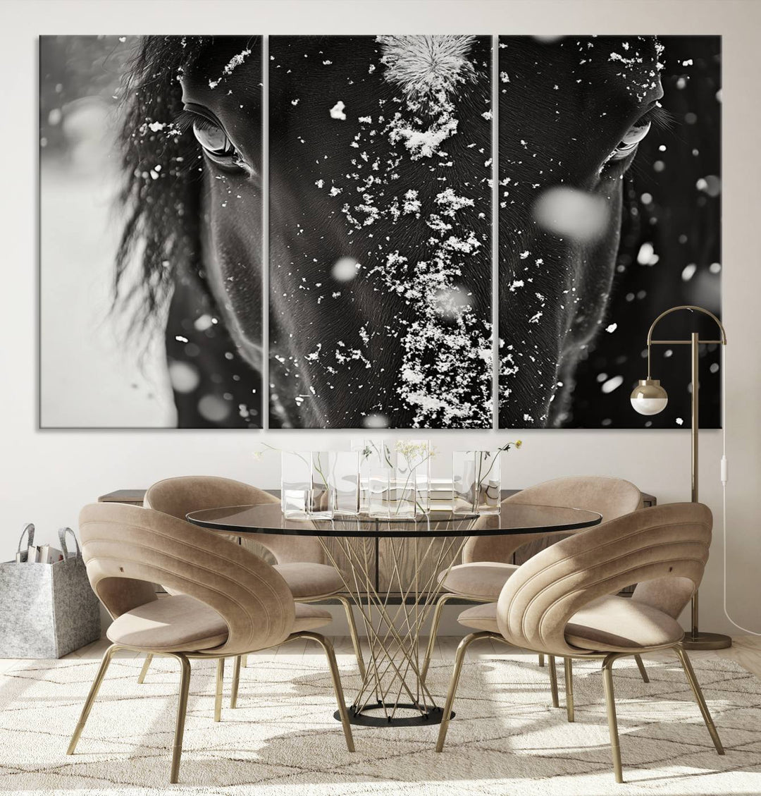 The Winter Horse Snow Wall Art Canvas Print, a black and white triptych showcasing a snow-covered horse's face, infuses the space with rustic cabin decor.