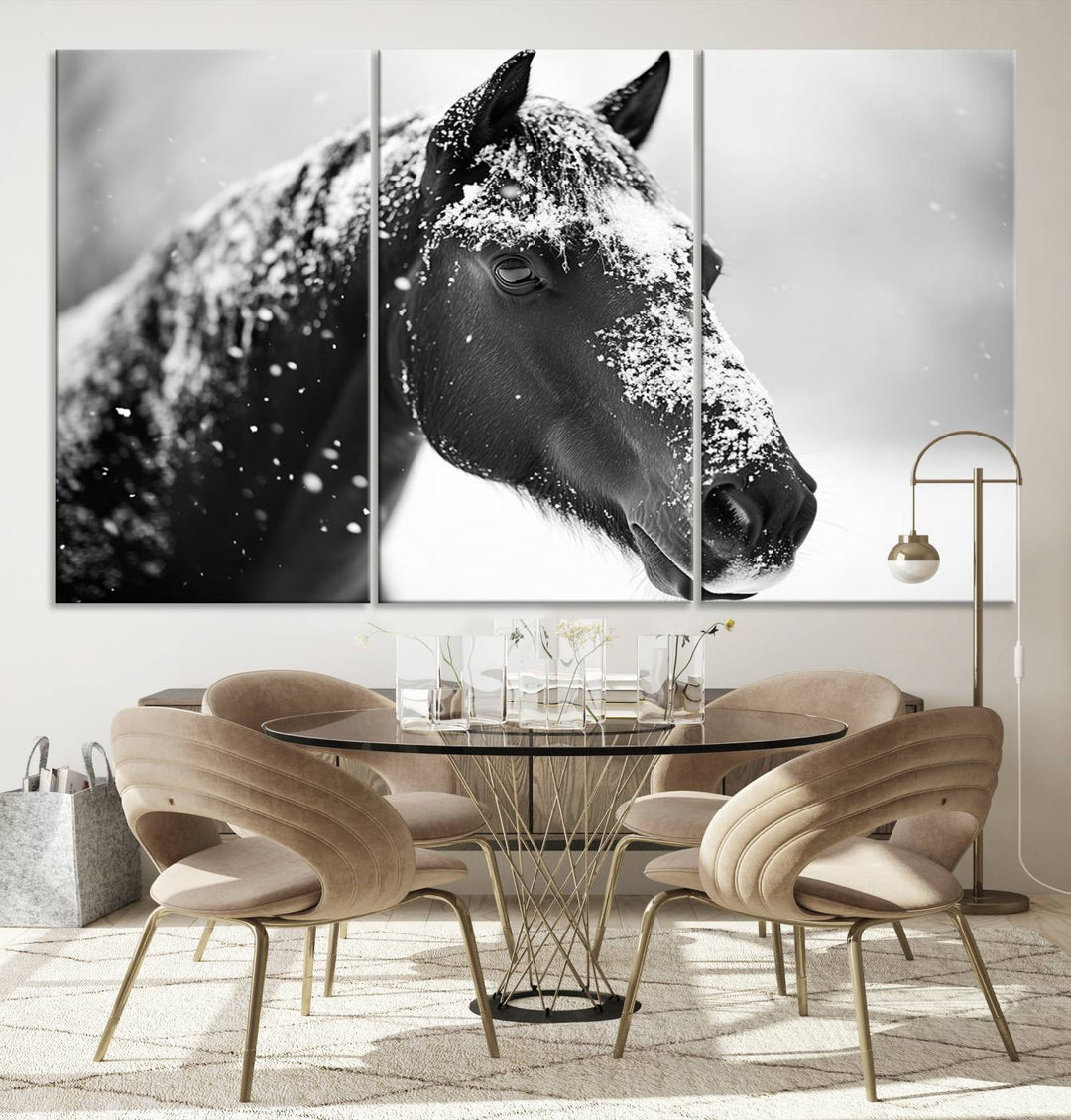 A set of Winter Horse Snow Wall Art Canvas Prints hangs, creating the perfect touch of Rustic Cabin Decor.