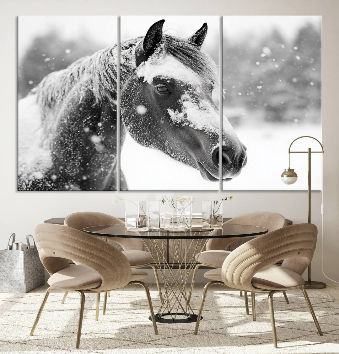 The Black Horse Winter Wall Art, framed and ready to hang, is beautifully displayed as farmhouse and western wall decor.