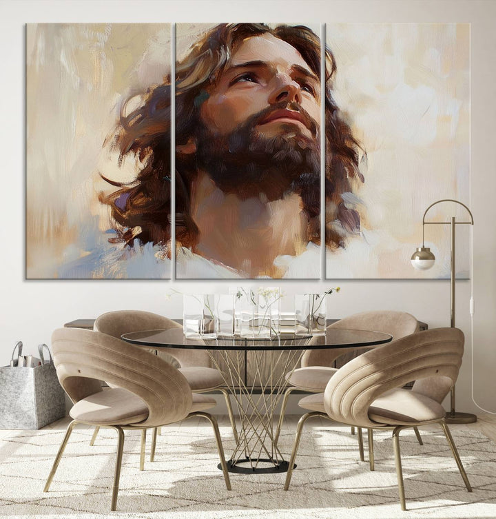 The "Jesus Christ Portrait Wall Art," a ready-to-hang and framed canvas print, features a bearded man with long hair looking upward, creating an inspirational spiritual atmosphere.