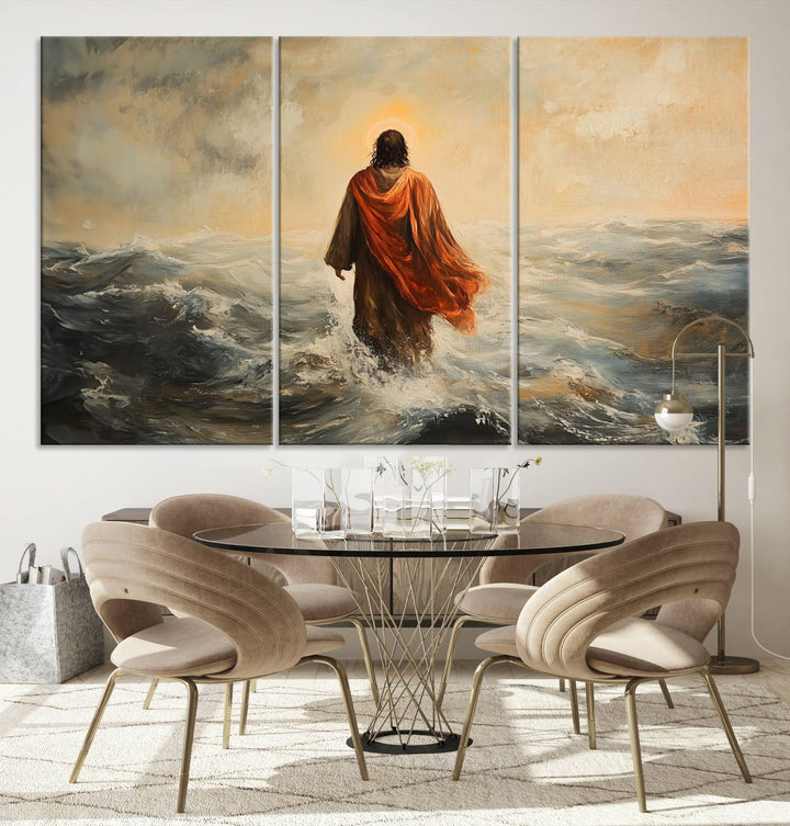 This triptych wall art, titled "Jesus Walking on Water," presents a figure in a red cloak crossing turbulent seas. It is perfect for those looking for religious home decor with a contemporary flair.