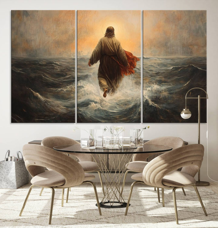 A modern living room is adorned with a triptych titled "Jesus Walking on Water, Christian Wall Art, Jesus Christ Walking on Oil Painting Style Print." The artwork, presented on museum-quality canvas, showcases vibrant colors and exquisite detail.