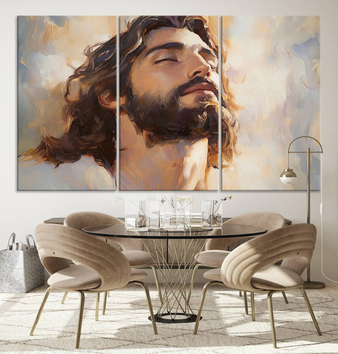 This museum-quality canvas print, titled "Jesus Portrait," features an oil painting style depiction of Jesus Christ with a closed-eyed expression. The high-resolution printing captures every detail beautifully.