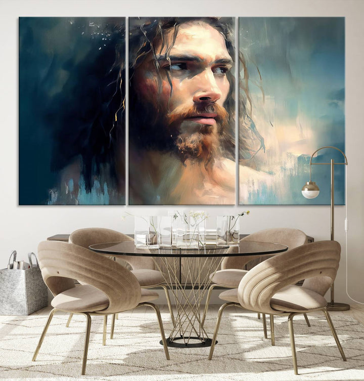 The Jesus Portrait Wall Art Canvas Print, featuring a depiction of a man with long hair and a beard, is showcased on a wooden wall. This Christian Wall Art is rendered on museum-quality canvas, highlighting the mastery of high-resolution printing in an oil painting style.