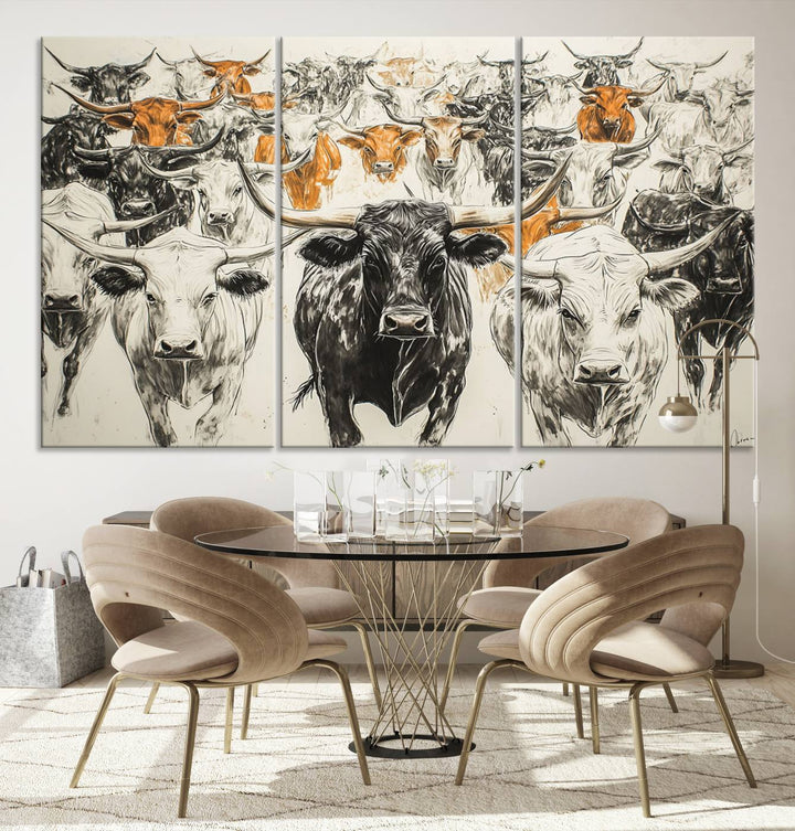 This exquisite farmhouse wall art, titled "Western Longhorn Cattle Canvas Print," showcases a majestic herd of longhorn cattle in a three-panel design. This ready-to-hang and framed barn decor infuses your space with rustic charm.