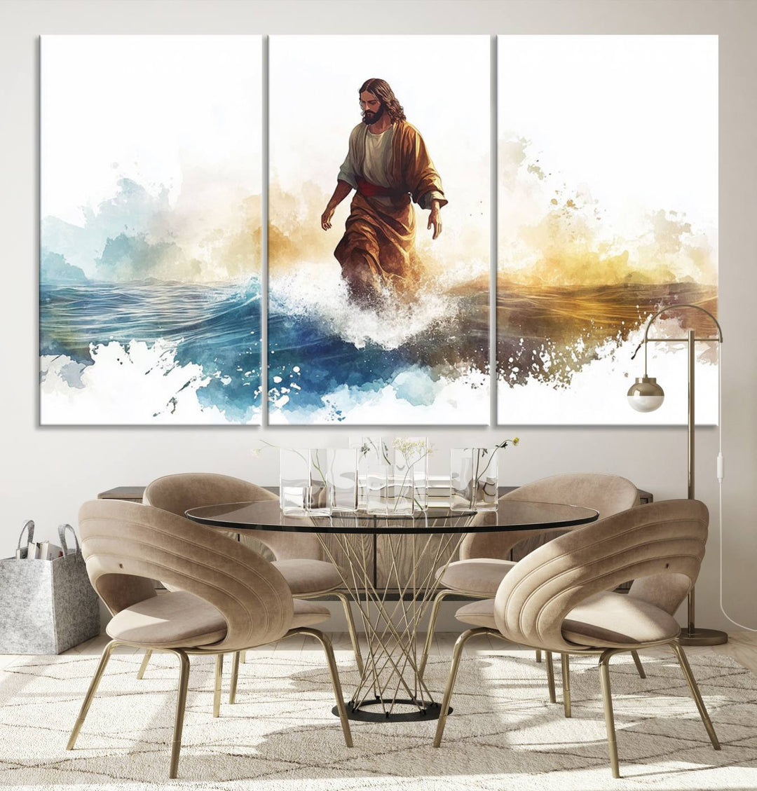 Watercolor Jesus Walking on Water Canvas Print, Christian Wall Art, Jesus Christ Walking