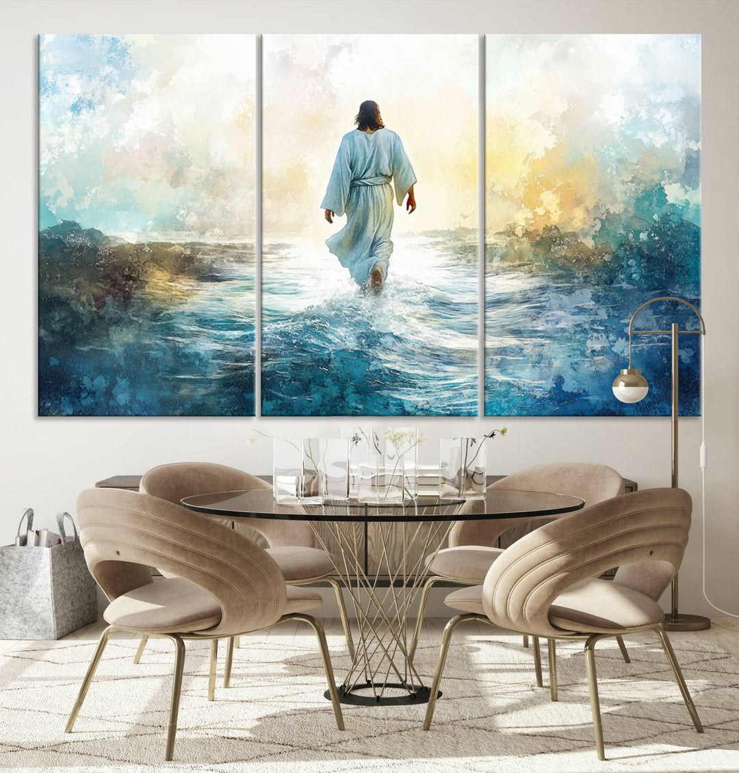 Watercolor Jesus Walking on Water Canvas Print, Christian Wall Art, Jesus Christ Walking