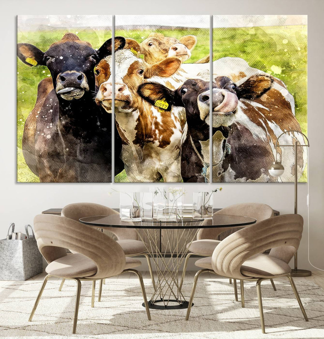 A charming triptych featuring the "Curious Cows Farmhouse Wall Art," a ready-to-hang and framed canvas print, adds a touch of rustic farm decor to the space.