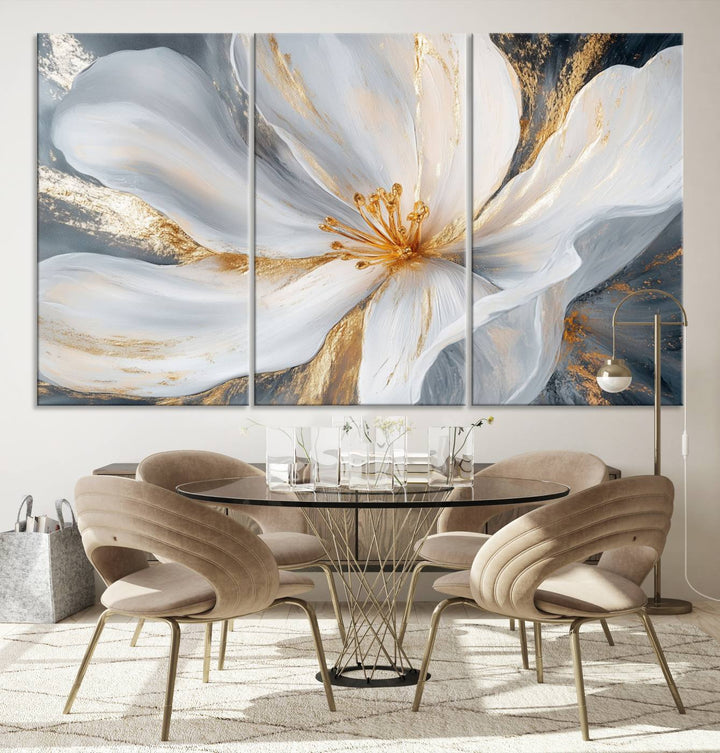 White and Gold Floral Canvas Wall Art - Framed and Ready to Hang - Perfect for Modern Living Rooms