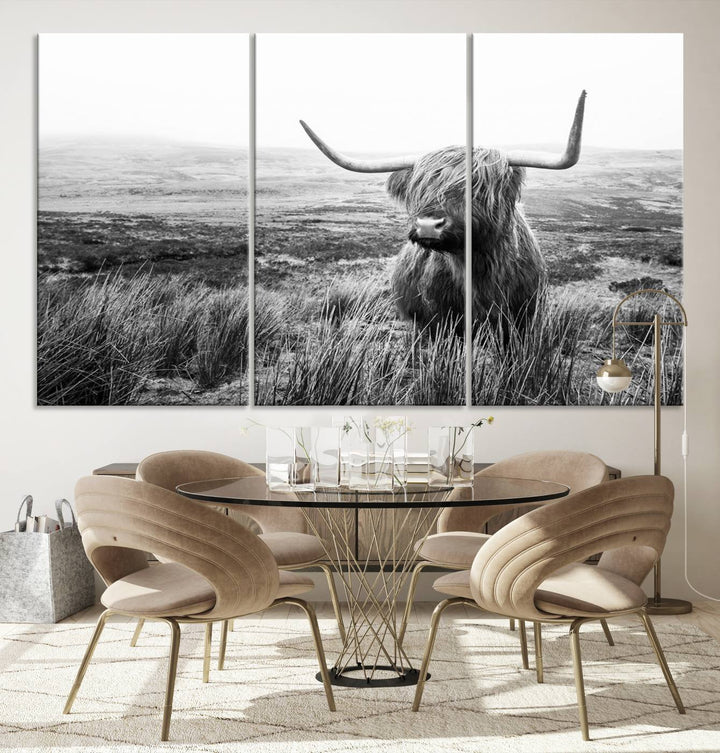 Scottish Highland Cow Wall Art | Black and White Canvas Print | Ready to Hang and Framed | Rustic Farmhouse Wall Decor for Living Room or Office