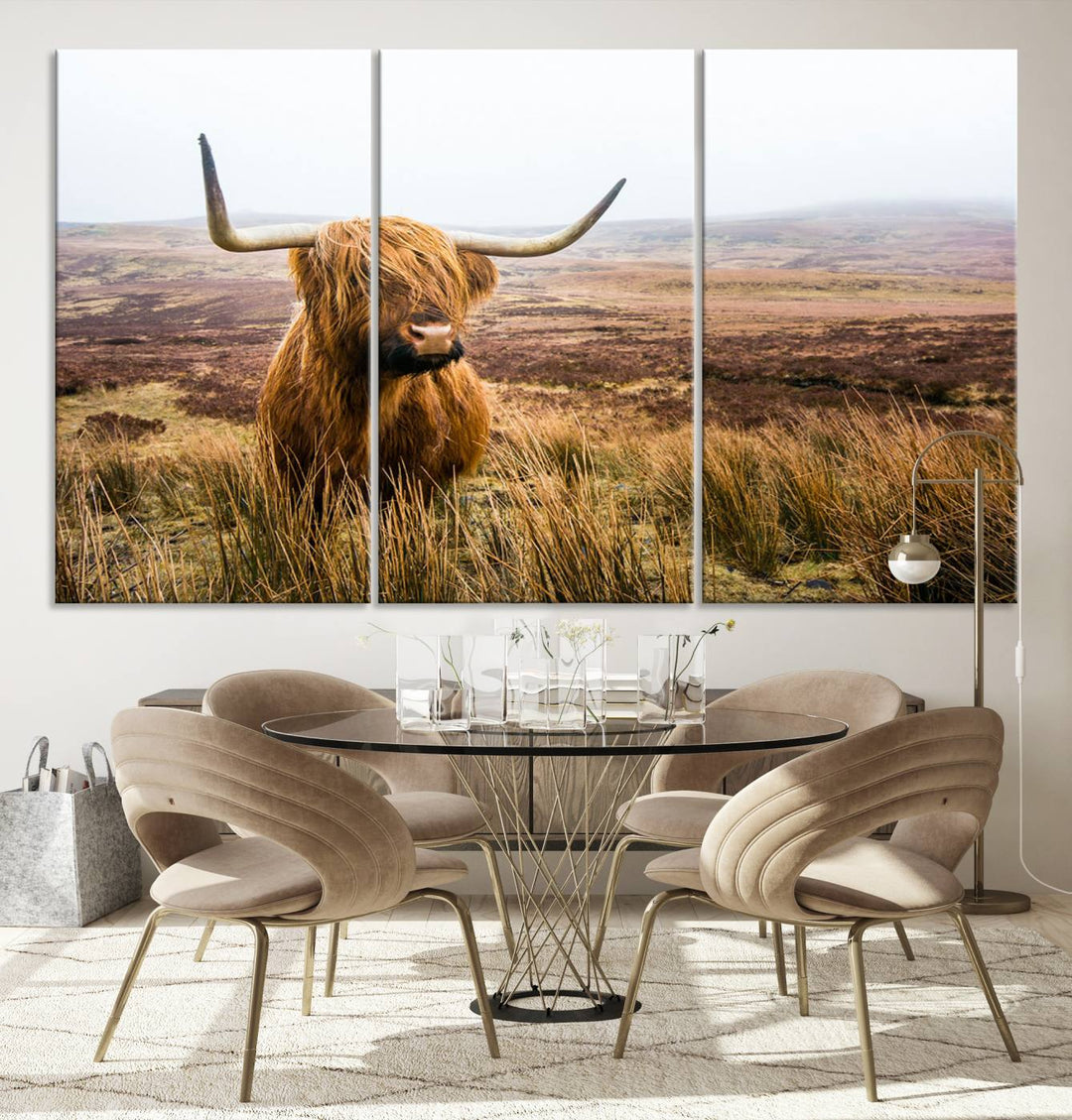 Scottish Highland Cow Wall Art Canvas Print | Ready to Hang and Framed | Rustic Farmhouse Decor for Living Room or Cabin