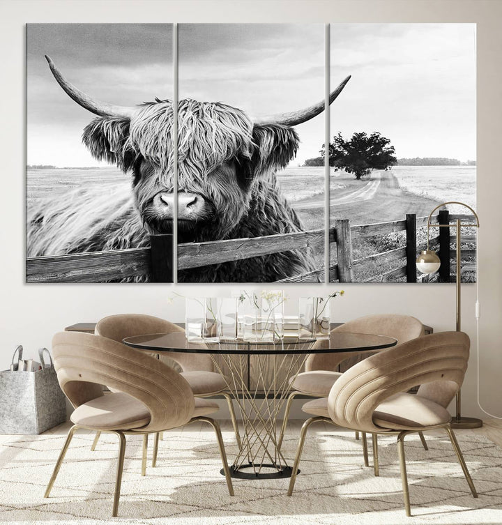 Scottish Highland Cow Wall Art | Rustic Farmhouse Décor | Black and White Ready to Hang Canvas Print