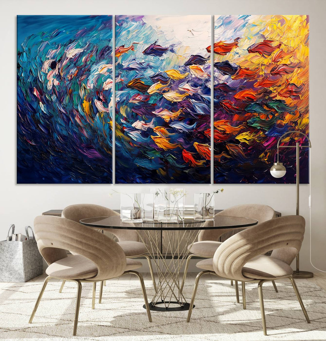 Vibrant Abstract Fish Swarm Art – Colorful Fish Inspired 3-Piece Canvas Wall Art for Living Room or Office – Framed and Ready to Hang