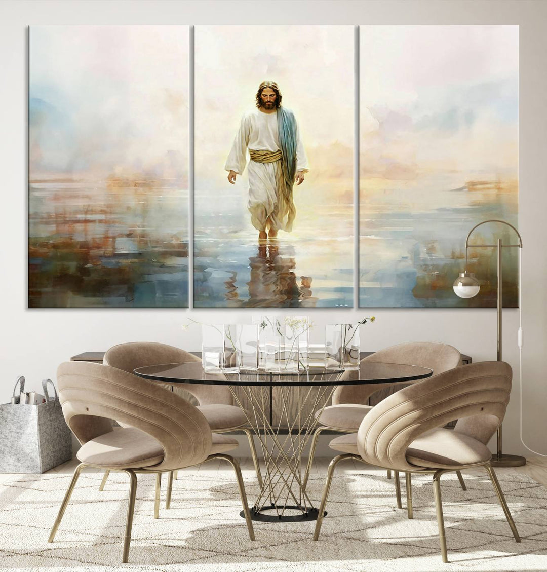 Framed Jesus Walking on Water Wall Art - 3-Panel Christian Canvas Prints, Religious Artwork, Ready to Hang Home Decor for Living Room, Office, or Church