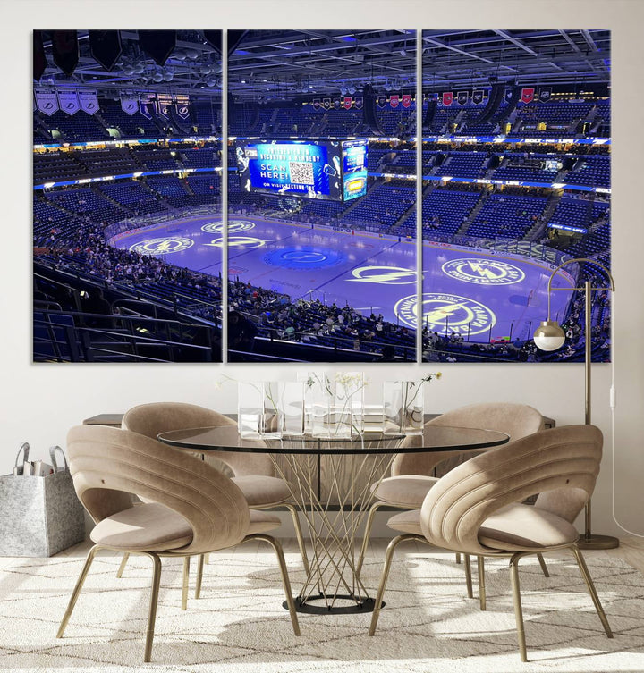 The wall art canvas print at Amalie Arena features team logos on ice, encapsulating the vibrant atmosphere of an NHL hockey stadium.