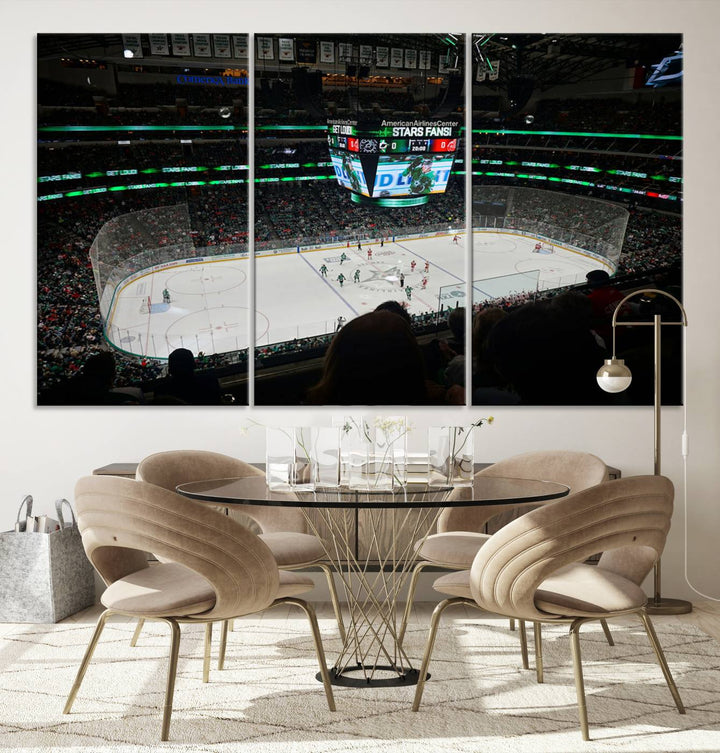 The Dallas Stars Wall Art Canvas Print is as clear as the scoreboard stats at a hockey game in a large arena with bright lights.