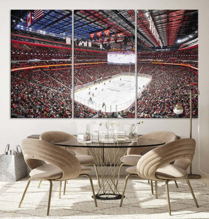 A Barton Malow canvas depicting Little Caesars Arena from above is beautifully printed in high resolution for your wall.