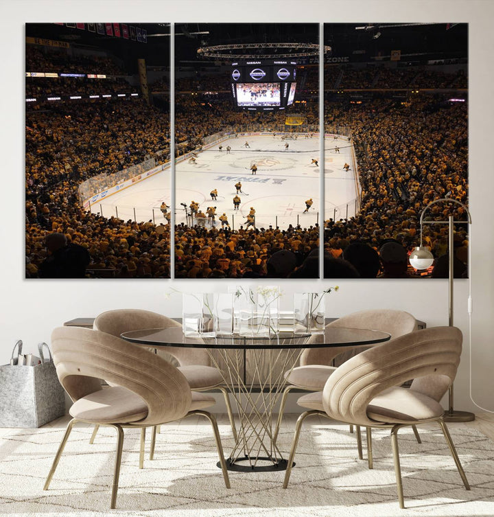 A captivating triptych canvas print, titled "Bridgestone Arena - Nashville Predators Hockey Team Print," adorns the wall. This Nashville wall art canvas print is perfect for Predators fans who appreciate sports-themed decor.