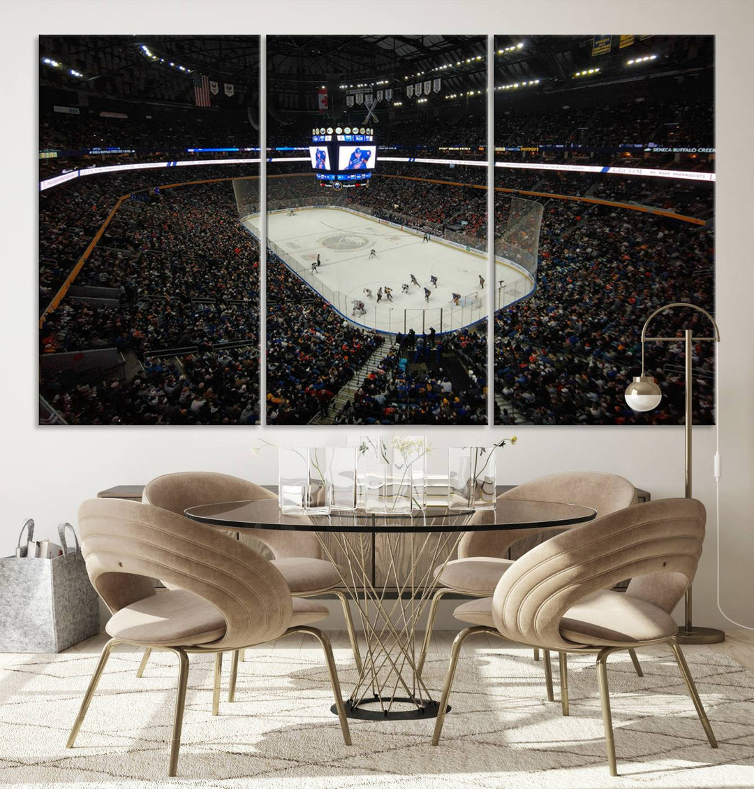 The nautical-themed room is enhanced by the KeyBank Center New York Buffalo Sabres Hockey Stadium Wall Art Canvas Print, a three-panel depiction of a bustling hockey arena with a gallery-quality finish. This canvas artwork, handmade in the USA, introduces an element of sporting elegance to your decor.