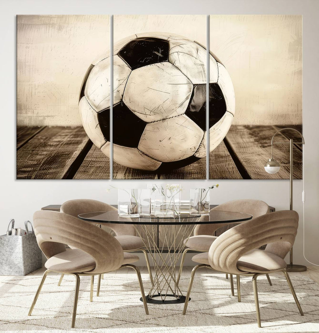 Vintage Soccer Ball Triptych Canvas Art – 3-Panel Soccer Wall Decor, Framed and Ready to Hang Sports Art for Home, Office, or Gym