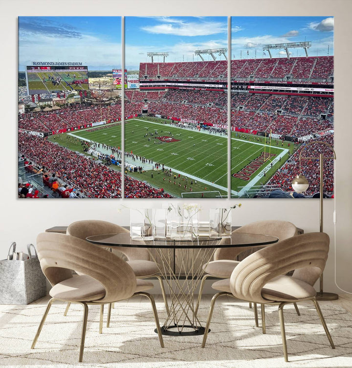 The Florida Tampa Raymond James Stadium Wall Art Canvas Print is featured above the cabinet.