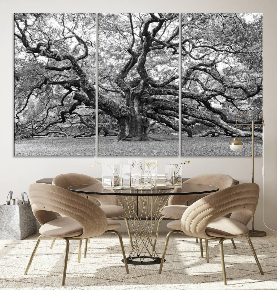 Black White Angel Oak Tree Wall Art - Timeless Nature-Inspired Canvas for Rustic, Modern, or Traditional Home Decor