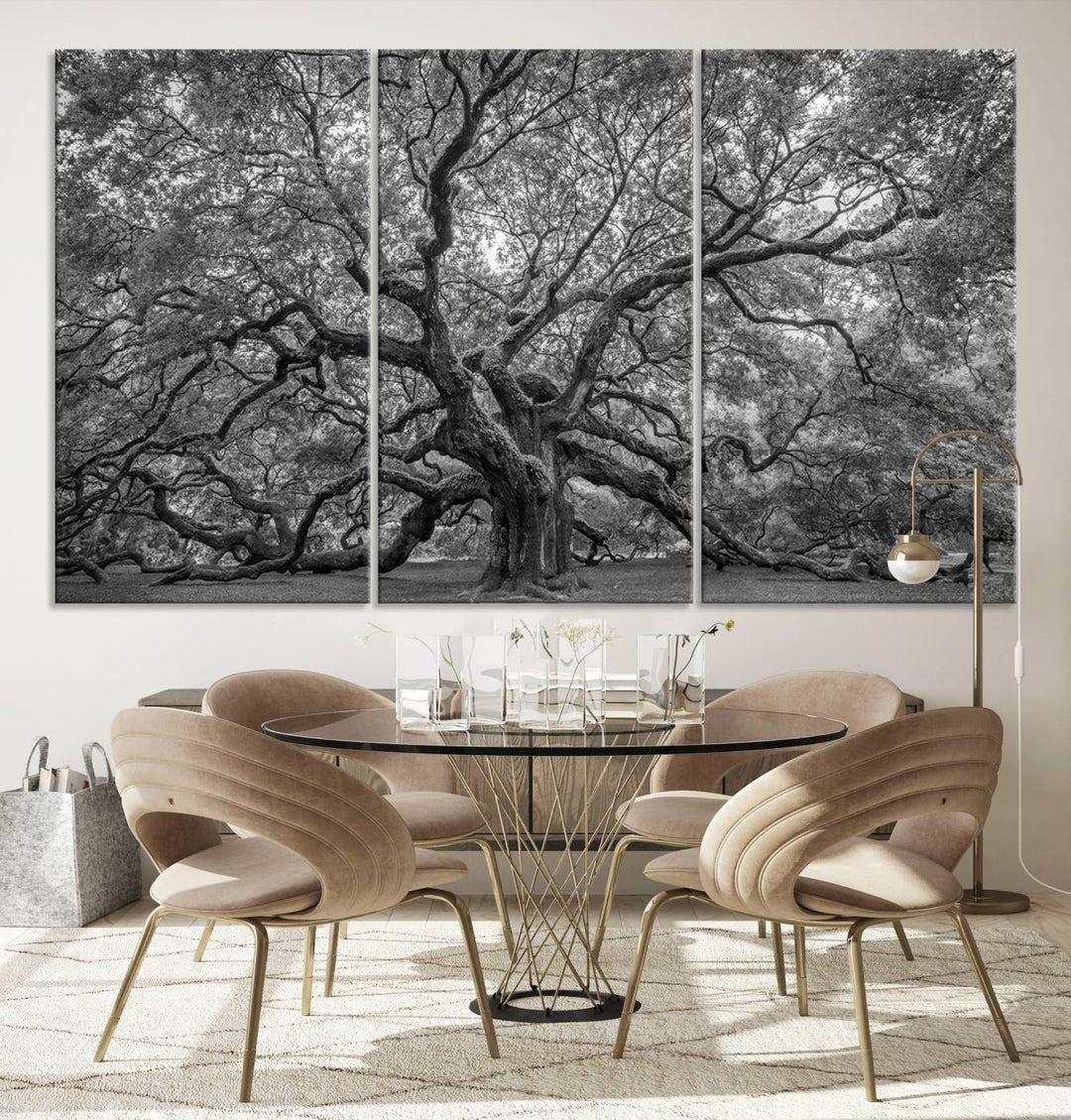 Majestic Angel Oak Tree Black and White Canvas Print – Multi Panel Wall Art, Giclée Print, Ready to Hang Nature Photography for Home Decor