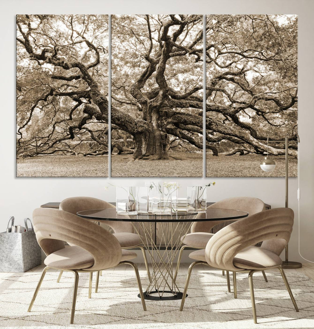 Displayed on the wall is a Sepia-framed Angel Oak Tree 3-panel canvas.