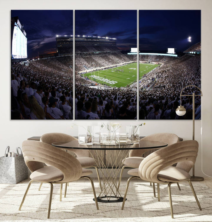 A packed football stadium at night, with bright lights and fans in white, depicted in a Michigan State Spartans Stadium wall art.