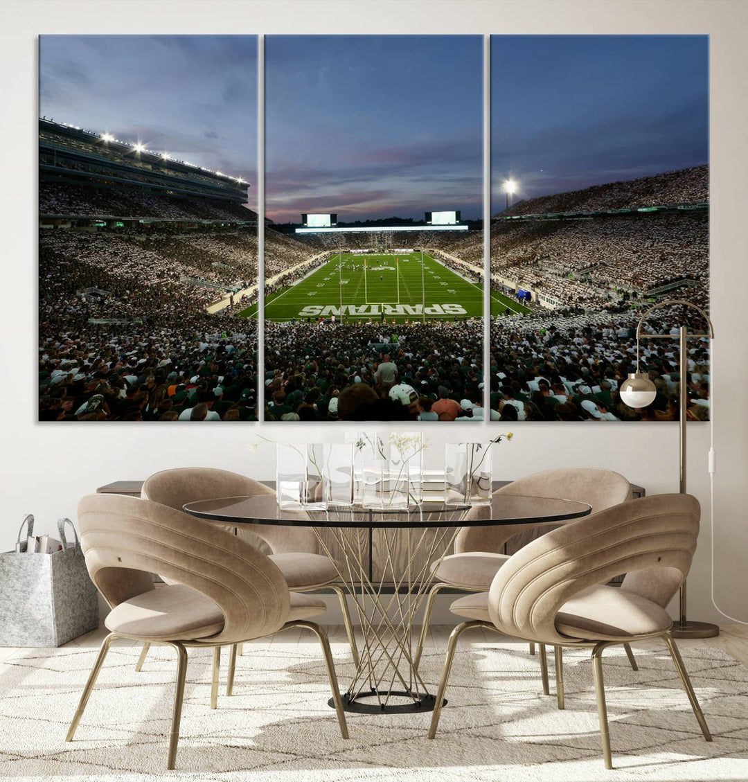 Wall art featuring a stadium at dusk with full stands—ideal for the Michigan State Spartans Football Team Canvas Print.