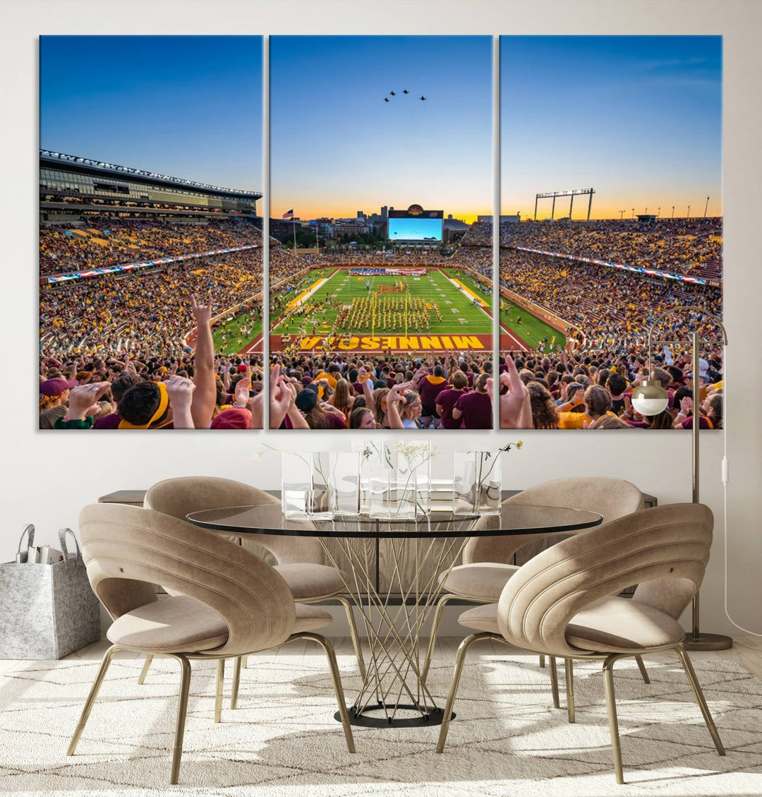 Canvas wall art featuring the University of Minnesota Football Team print, showcasing Huntington Bank Stadium at sunset with jets overhead.