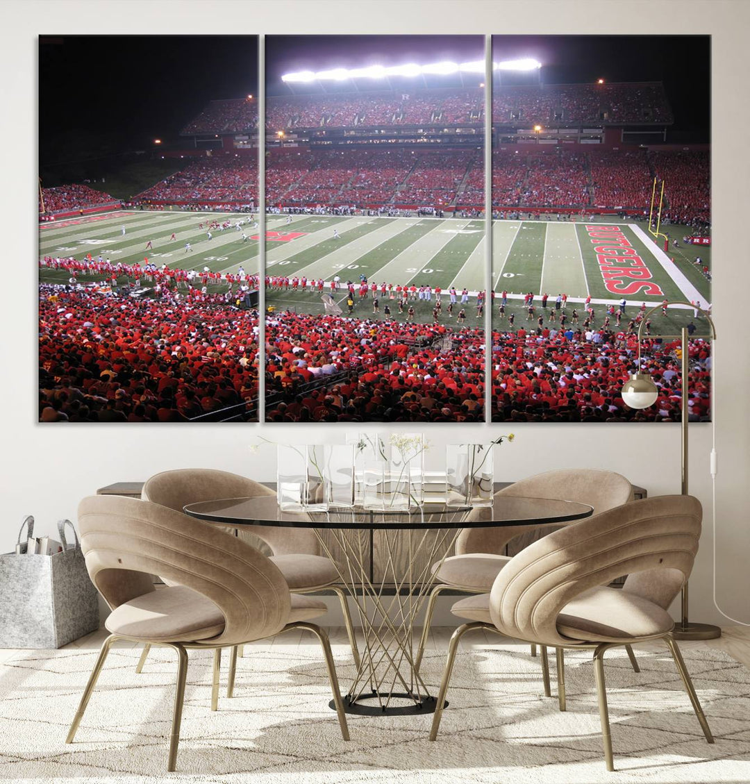 A bustling night game at SHI Stadium is captured as Rutgers Scarlet Knights wall art on a gallery-quality canvas print.