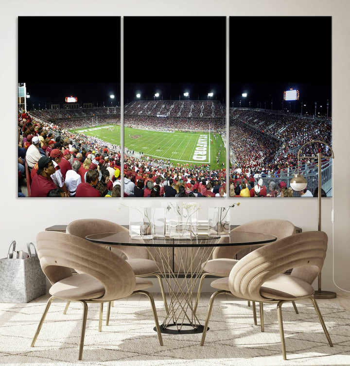 This Stanford University Cardinal Football Team canvas print, depicting fans in red filling Stanford Stadium at night, is perfect.