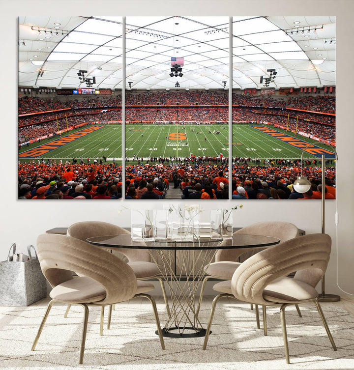 Fans fill the Syracuse JMA Wireless Dome, highlighted in orange and blue under a vaulted roof on this premium canvas print of the scene.