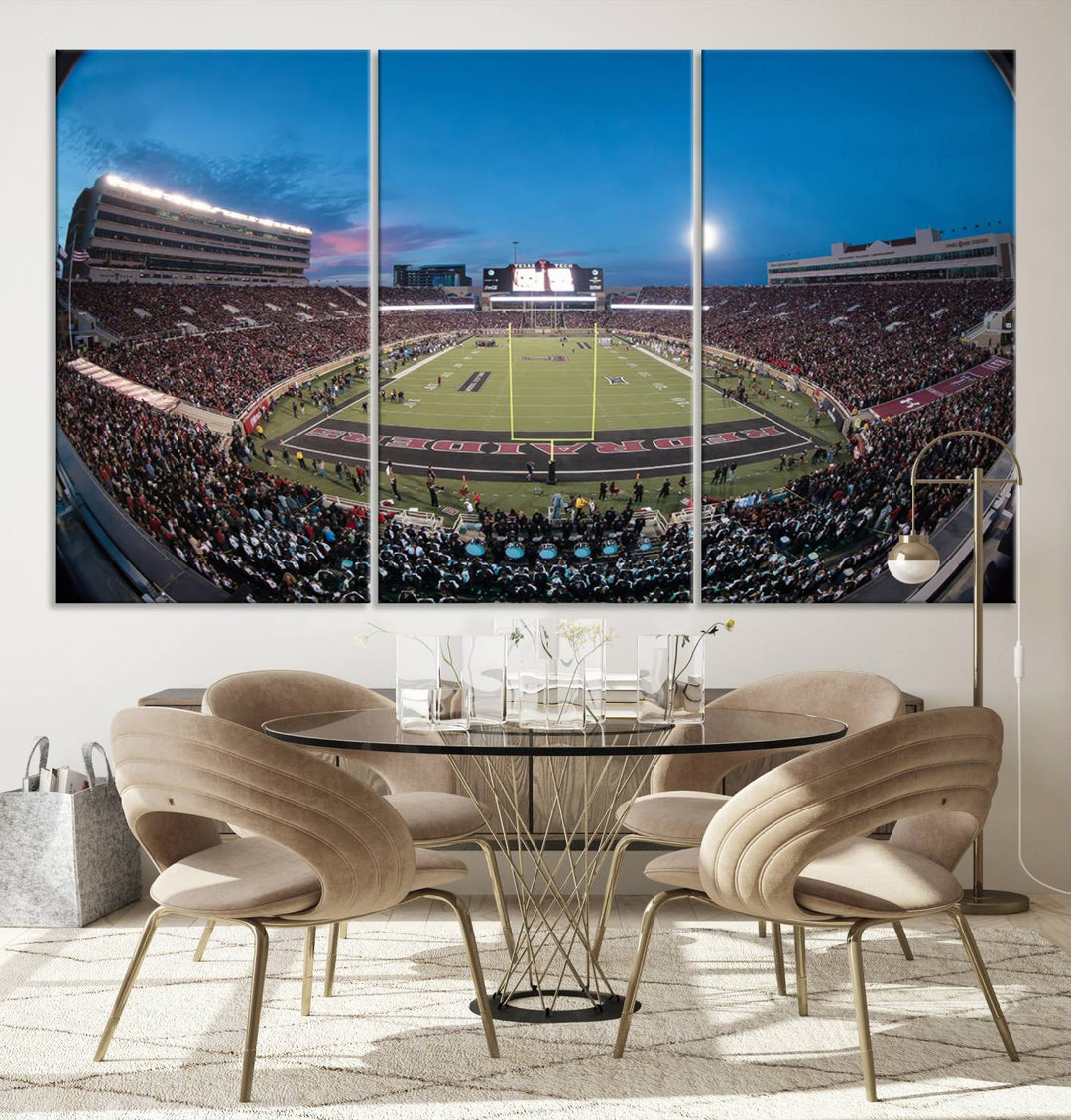 The wall art in the living room features a Texas Tech Red Raiders Football Team Print, showcasing Jones AT&T Stadium at dusk.