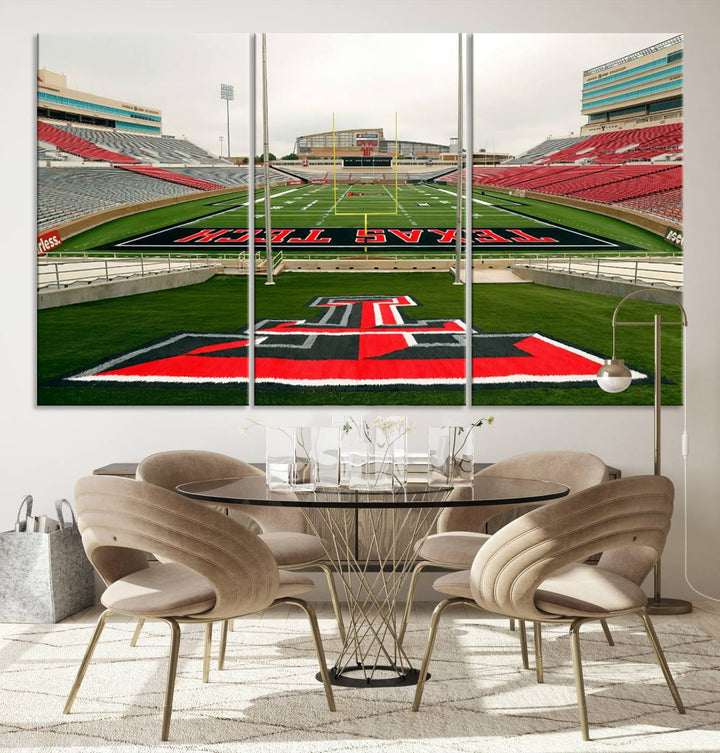 Gallery-quality print of Lubbock Jones AT&T Stadium featuring the Texas Tech Red Raiders field, highlighted by red and gray bleachers.