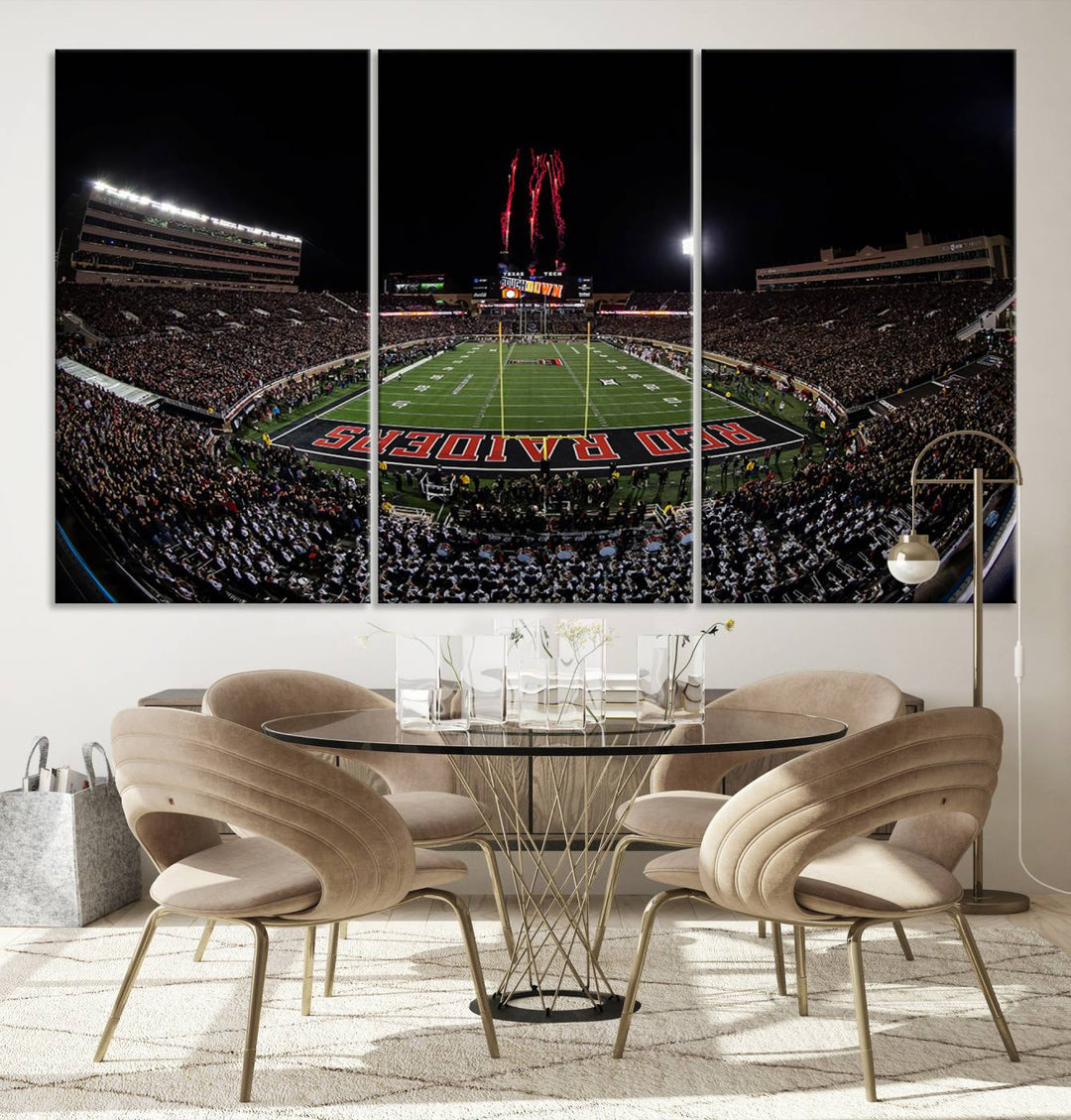 The wall features a Texas Tech Red Raiders Football Team Print on canvas, showcasing fireworks over a packed stadium at night.