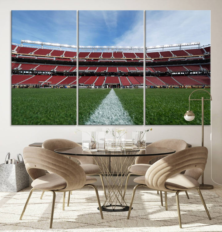 A canvas print of the University of Tulsa Golden Hurricane showcases H.A. Chapman Stadiums football field and red seats against a backdrop of a blue sky.