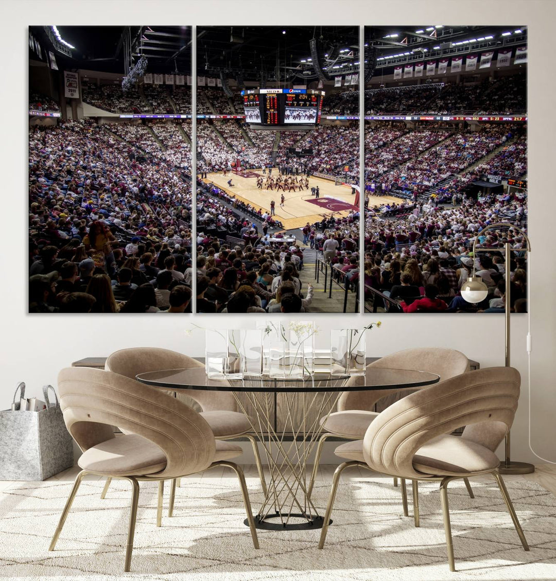 The Nebraska Basketball Arena Wall Art Canvas features an arena filled with Cornhuskers fans and players beneath a scoreboard.