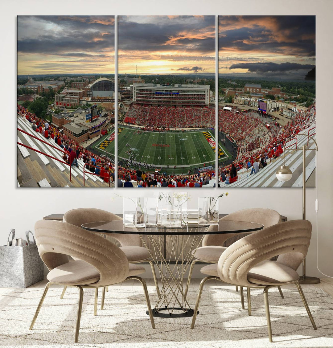 The University of Maryland Terrapins Football Team Print features SECU Stadium at sunset with vibrant skies.