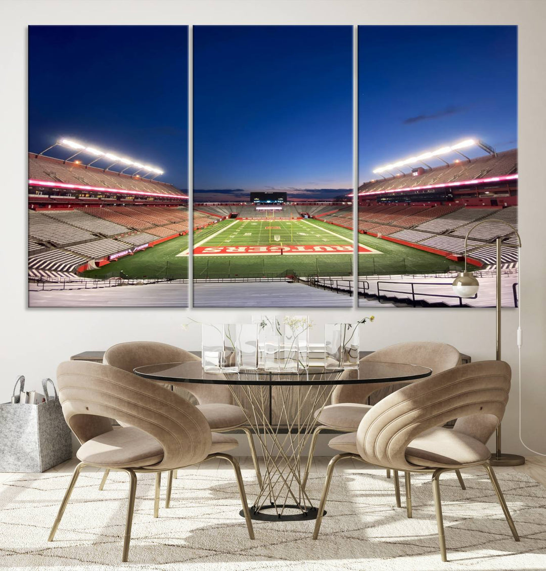 A large SHI Stadium at dusk, ideal for a Rutgers Scarlet Knights Football Team canvas print.