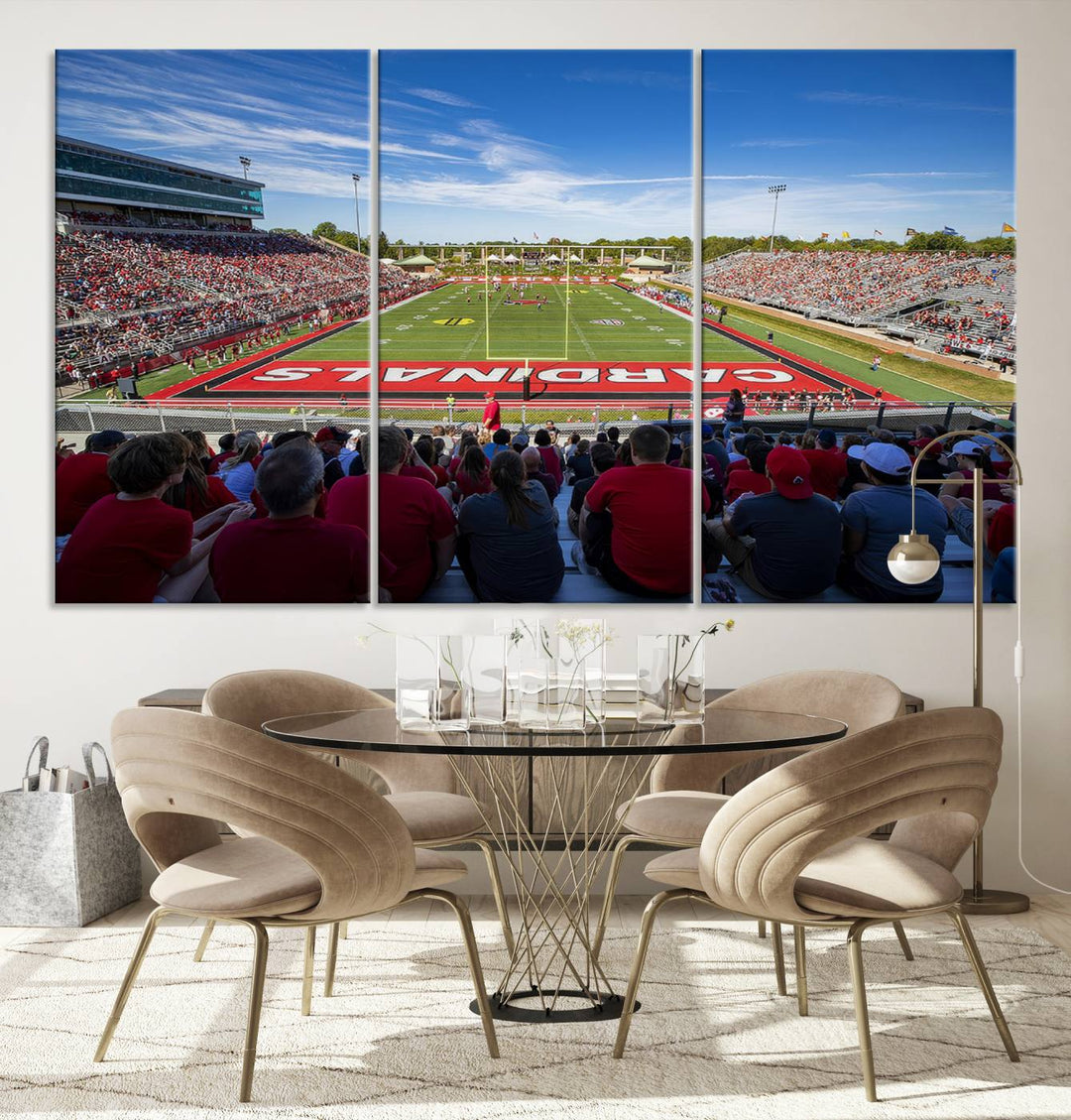 The Ball State Cardinals wall art on canvas depicts fans in red at Scheumann Stadium.