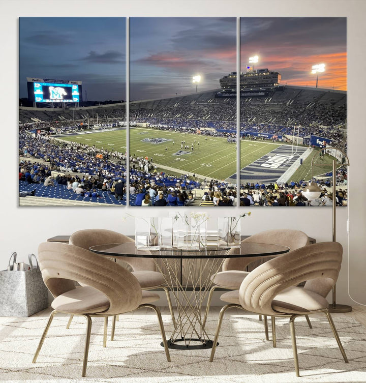 A Memphis Tigers football canvas print of Simmons Bank Liberty Stadium at sunset enhances the living room.