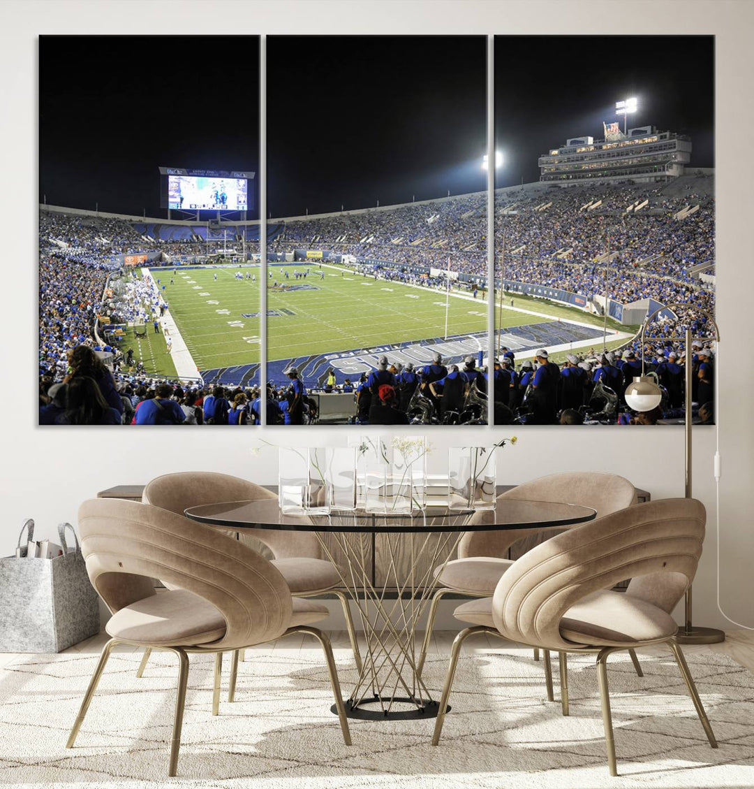 A vibrant depiction of Liberty Stadium at night, highlighting a Tigers football game on the large screen with stands filled with enthusiastic fans.