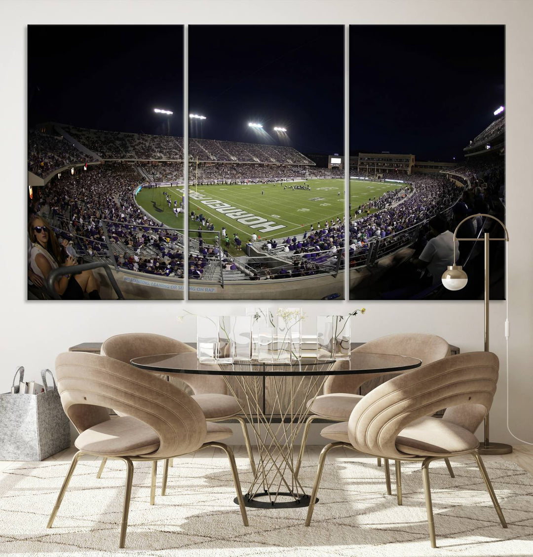 The wall art print features a night view of Amon G. Carter Stadium filled with TCU fans, showcased in the Horned Frogs Football Canvas Wall Art.