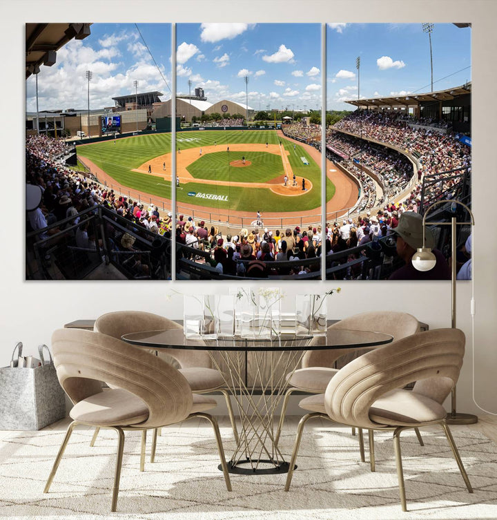 A baseball stadium under a blue sky, capturing the energy of The Texas A&M Aggies Athletics Kyle Field Wall Art.