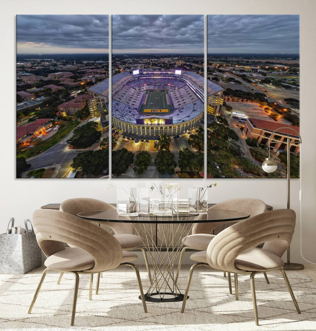 The LSU Tigers Football Team Baton Rouge Tiger Stadium Canvas is displayed prominently, capturing attention with its vivid depiction of the iconic stadium.