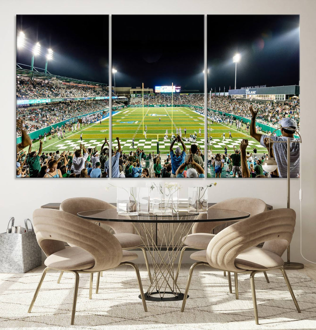 This vibrant wall art canvas print captures the excitement of fans cheering for the Tulane Green Wave Football Team under the lights of Yulman Stadium.